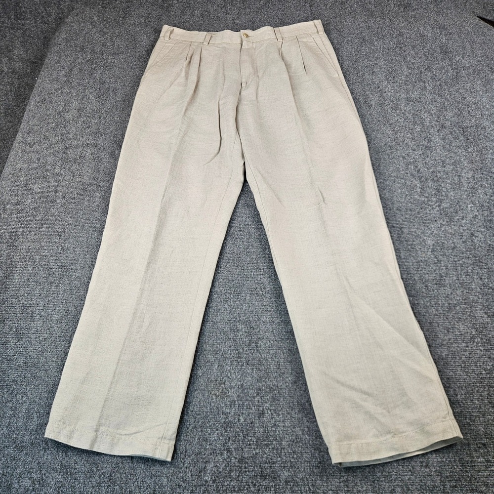 Caribbean Mens Tan Herringbone Linen Cotton Pleated Dress Pants 36x32